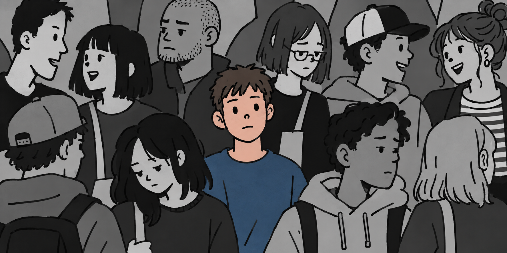 A person in a blue shirt stands out in color at the center of a grayscale crowd