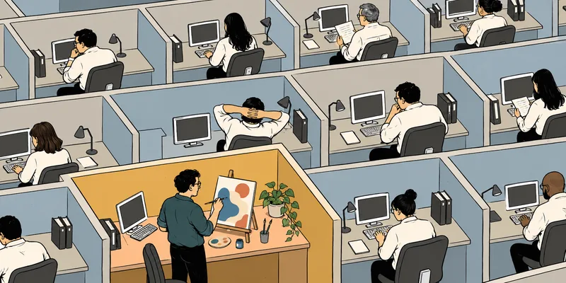 An isometric illustration of a floor of identical blue office cubicles where employees work at computers, while one bright yellow cubicle in the foreground holds a man painting on an easel, warm color standing out against the uniform grid