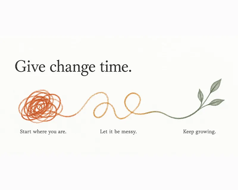 A motivational poster that reads Give change time, showing a tangled line growing from a knot into a green sprout