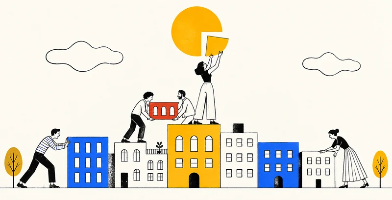 An illustration of people working together to build a colorful city from modular blocks, with a yellow pie-chart sun overhead, in textured line-art style