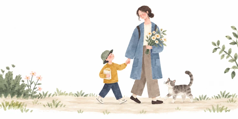 A watercolor illustration of a mother holding flowers and walking hand in hand with her child, with a cat beside them and plants along the path