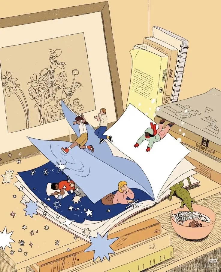 An illustrated open book with tiny readers and floating scenes