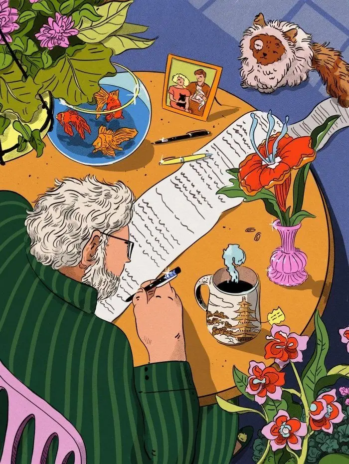 An illustration of a white-haired man writing a long letter at a wooden table with plants, a goldfish bowl, tea, a framed photo, and a cat