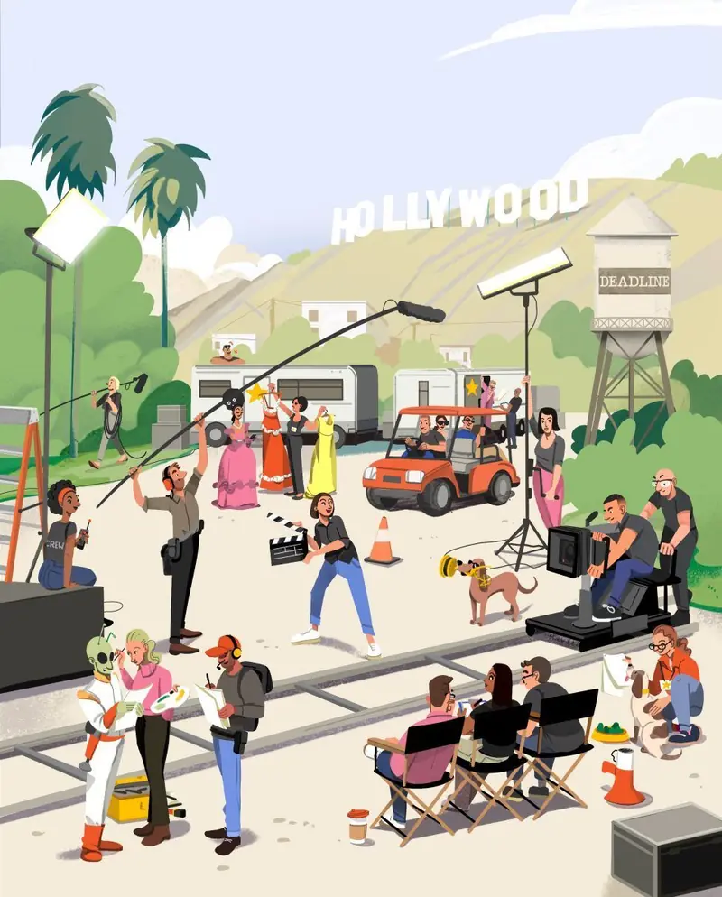 An illustrated film set with crew below the Hollywood hills and a DEADLINE water tower
