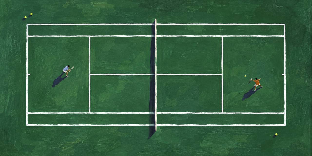 An overhead view of a green tennis court with two players, a net, white lines, and yellow tennis balls scattered around the court