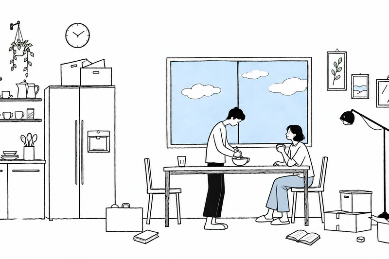 A line drawing of a couple in their new home, one mixing batter at the table while the other holds a mug, boxes still stacked around them