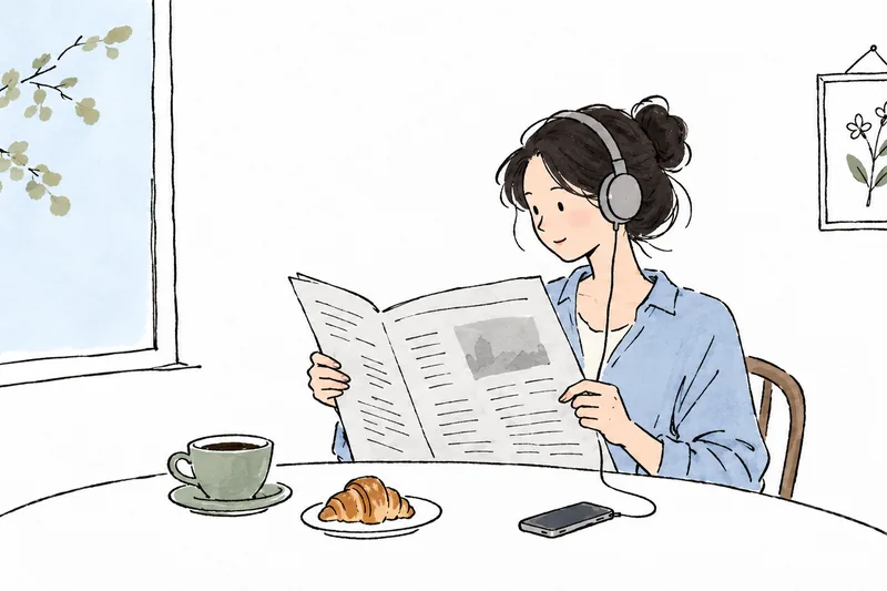 A watercolor illustration of a woman with her hair in a bun reading a newspaper at a white table, headphones on, with coffee and a croissant by the window