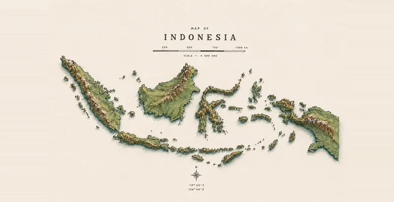 A stylized vintage 3D relief map of the Indonesian archipelago on cream paper, with green islands, mountain ridges, a compass rose, and scale markings