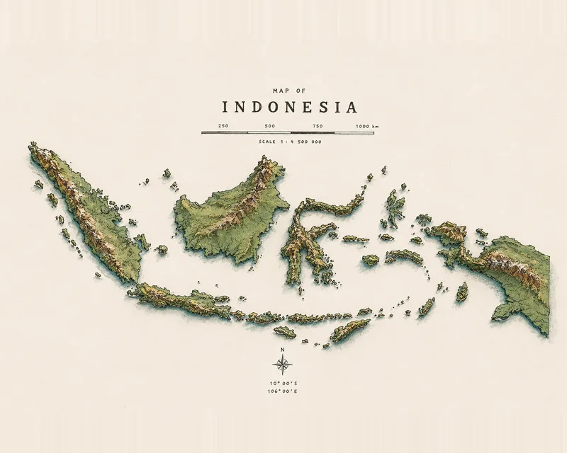 A stylized vintage 3D relief map of the Indonesian archipelago on cream paper, with green islands, mountain ridges, a compass rose, and scale markings